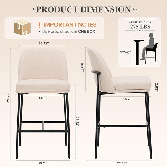 COLAMY Counter Height Bar Stools Set of 2, 25 Inch Modern Fabric Kitchen Island Stools with Back, Upholstered Counter Barstools Armless Bar Chairs with Metal Legs for Island Dining Room Bar,Beige