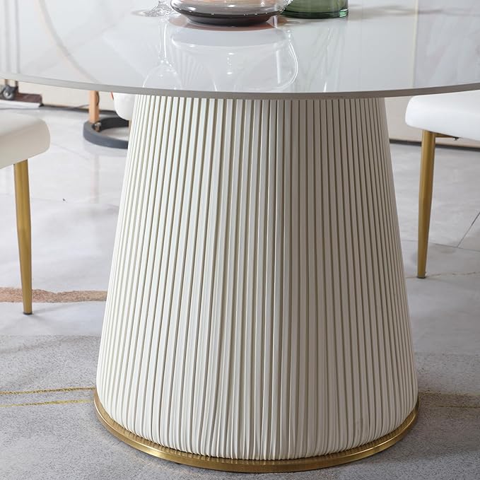 Modern 53" Round Dining Table Sintered Stone Top, Luxury 4-6 Person Kitchen Table with Metal Wood Leather Base, Easy Assembly Circular Dinner Table for Large Family