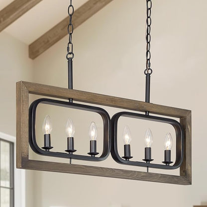 LOG BARN 31'' Farmhouse Chandelier, 6-Light Rectangle Wood Kitchen Island Lighting with Black Metal Rotatable Frame, Rustic Chandeliers Light Fixtures for Dining Room