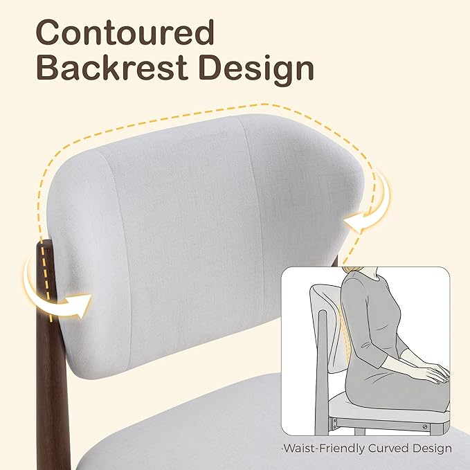 Casaphoria Dining Chairs Set of 2, Solid Walnut Wood Legs Upholstered Kitchen Chairs, Mid Century Modern Ergonomic Curved Back Accent Chair for Dining Room, Home Office and Vanity, White