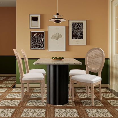 SoarFlash French Dining Chairs Set of 4, Vantage Linen Dining Chair with Round Back, Farmhouse Country Rattan Dining Chair for Living Room,Kitchen,Bedroom,Beige
