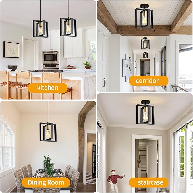 Farmhouse Small Pendant Light Fixture,Kitchen Island Hanging Lamp with Cord, Black+Gold Finish, Wood Frame Chandelier for Hallway Entryway Closet Bedroom,9.5 Inch,E26.