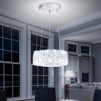Modern LED Dimmable Crystal Chandelier 8" Ring Silver Pendant Light Fixtures for Kitchen Island Dining Room Living Room