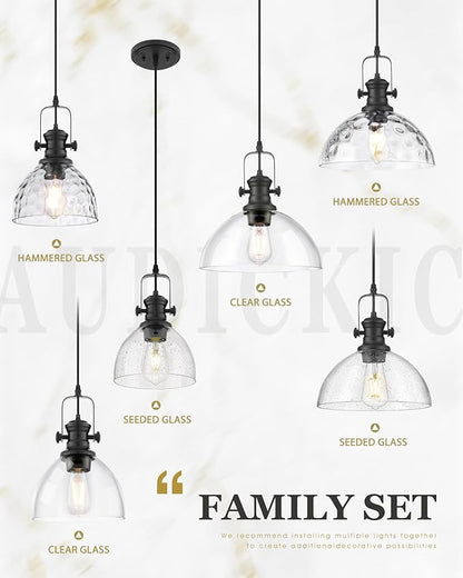 Black Pendant Lights Kitchen Island, 7.5" Farmhouse Pendant Lighting with Clear Glass Shade, Vintage Hanging Light Fixtures for Dining Room Entryway, Adjustable Cord, AD-22151-1P-BK-C