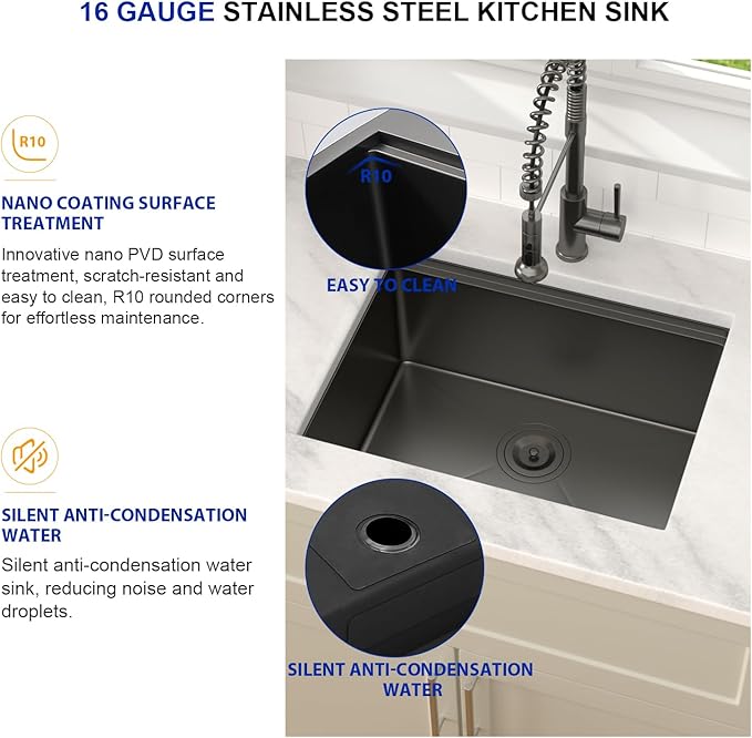 Dcolora 23 Inch Black Kitchen Sink Undermount Wet Bar Sink Workstation Single Bowl Stainless Steel Nano PVD Coating Small Kitchen Sinks, #DC-UW256723