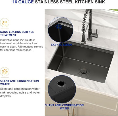 Dcolora 23 Inch Black Kitchen Sink Undermount Wet Bar Sink Workstation Single Bowl Stainless Steel Nano PVD Coating Small Kitchen Sinks, #DC-UW256723