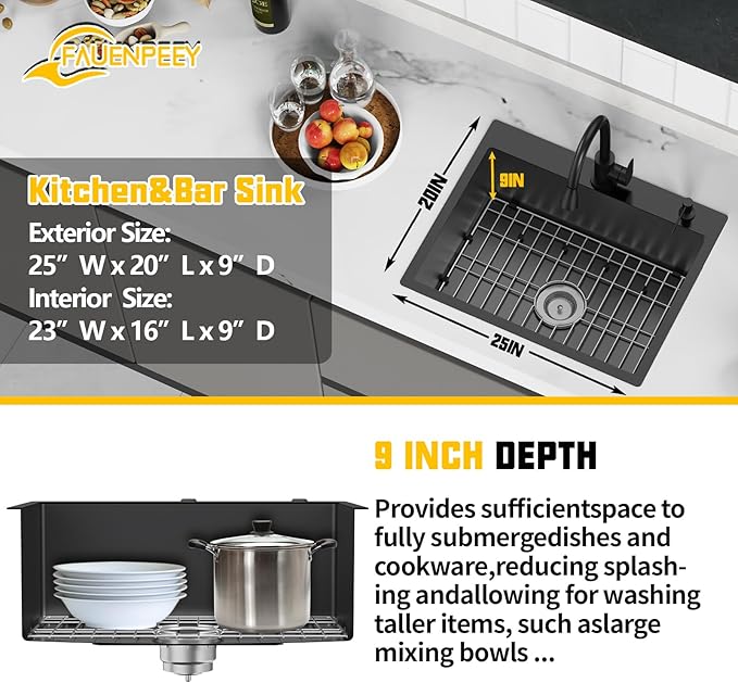 Black 25x20 Inch Drop In Kitchen Sink-Stainless Steel Single Bowl Topmount Kitchen Sink Stylish And Modern Look With Bottom Grid,Silicon Mat And Drain Assembly Add Elegance & Enhance Usability