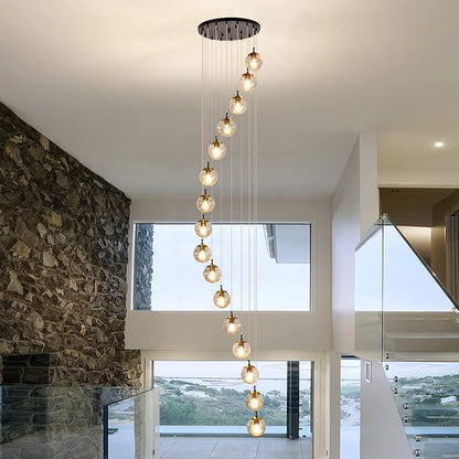 SZXYKEJI 16 Light Chandelier Mid Century Glass Globe Staircase Long Pendant Light Fixture Large Chandeliers for High Ceiling Light LED Bulbs for Living Room Foyer Hallway