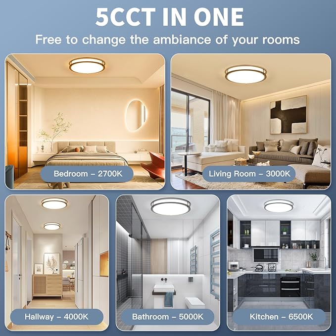 16Inch LED Ceiling Light Fixtures, Flush Mount Light Fixtures 50W, 5CCT Adjustable 2700K 3000K 4000K 5000K 6500K, Close to Ceiling Light for Kitchen Bathroom Kitchen Bedroom Brushed Nickel 2 Packs