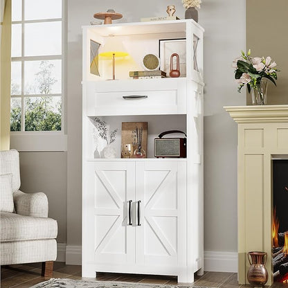 kepptory 55" Tall Kitchen Pantry, Farmhouse Storage Cabinet with Doors, Shelves and Drawer, Rustic Wood Cupboard for Kitchen, Dining Room (White)