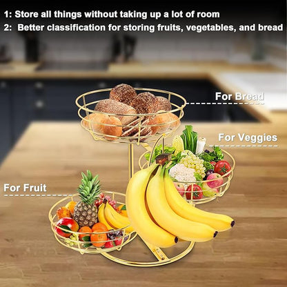 Livabber Fruit Basket Bowl with Banana Hanger, Fruit Vegetable Storage Basket with Banana Tree Holder for Kitchen Counter, Detachable Organizer for Bread Snack Produce (Gold, 3-Tier Metal Base)