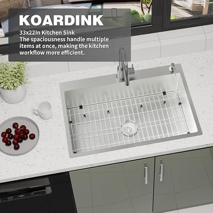 Stainless Steel Drop In 33x22 Inch Kitchen Sink - Modern Large Single Bowl Topmount Kitchen Sink Come With SS Grid,Silicon Mat,Drain Strainer Set Compatibility With Various Kitchen Styles