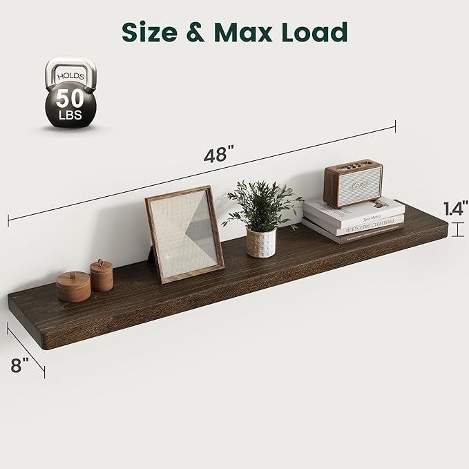 48 Inch Flat Edge Floating Shelves, 8 Inch Deep Solid Elm Wood Wall Shelf, Heavy-Duty Wall Mounted Shelf with Invisible Brackets for Living Room, Bathroom, Kitchen, Set of 1, Walnut Color