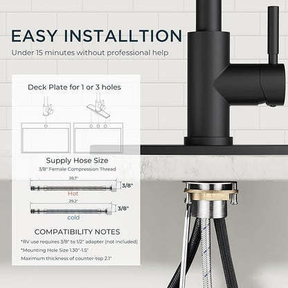 QFN Black Kitchen Faucet with Pull Down Sprayer, High Arc Single Handle Single Level Stainless Steel Pull Out Sink Faucet for Farmouse Camper RV Bar, Fit for 1 or 3 Hole