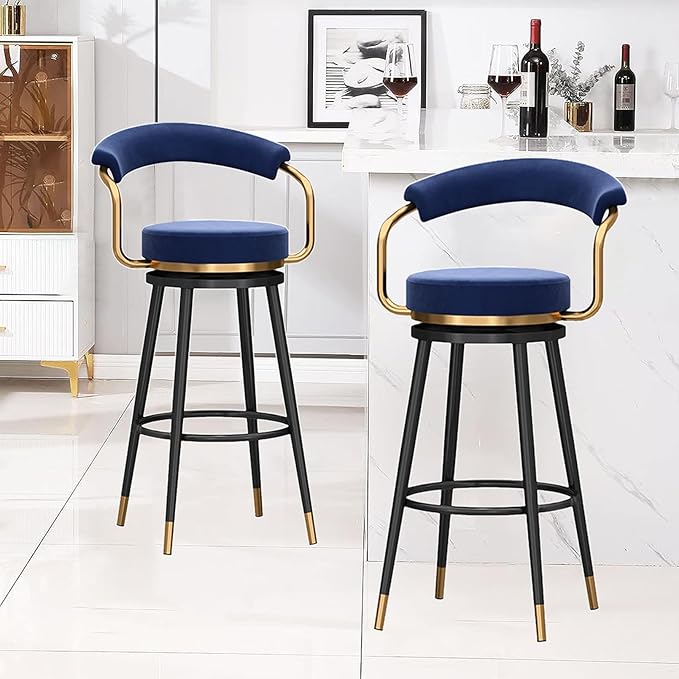 Swivel stools 1PC, Velvet Upholstered Stools with Hollow Back, Metal Chair Legs & Footrest for Kitchen Island Dining Room Pub Home, Seat Height 65cm, Black (Blue Seat Height 75cm)