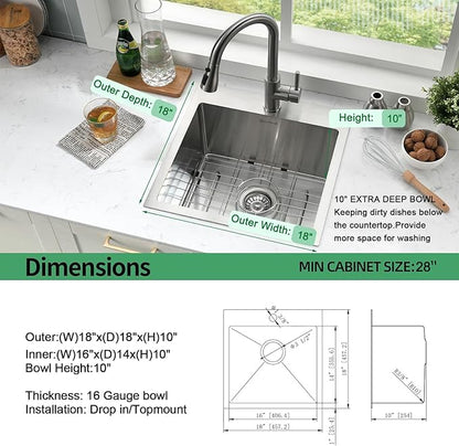 Drop In Kitchen Sink, 18 x 18 x 10 Inch 16 Gauge Single Bowl Topmount Wet Bar Sink T-304 Stainless Steel Kitchen Sinks