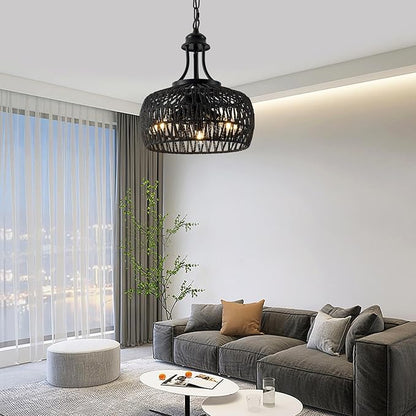 Farmhouse Chandeliers for Dining Room, 3-Light Rustic Ceiling Fixture with Twine Making Lampshade, Adjustable Height Chandelier for Bedroom, Kitchen, Bedroom (Balck)