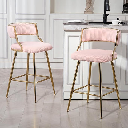2-Pack Pink Corduroy Counter Height Bar Stools with Back, Golden Chrome Base and Footrest, Modern Kitchen Island Stools Set of 2, Upholstered Dining Stools for Home, Office, Cafe