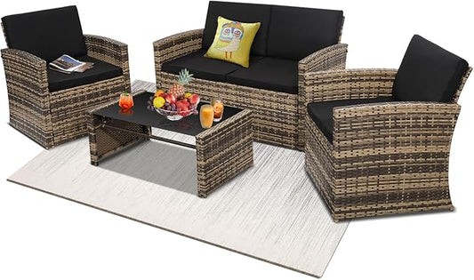 KROFEM 4-Piece Patio Furniture Set, Wicker Outdoor Rattan Sectional Sofa with Cushions and Glass Table, All-Weather Outdoor Conversation Set, Ideal for Garden, Porch, Backyard, Black