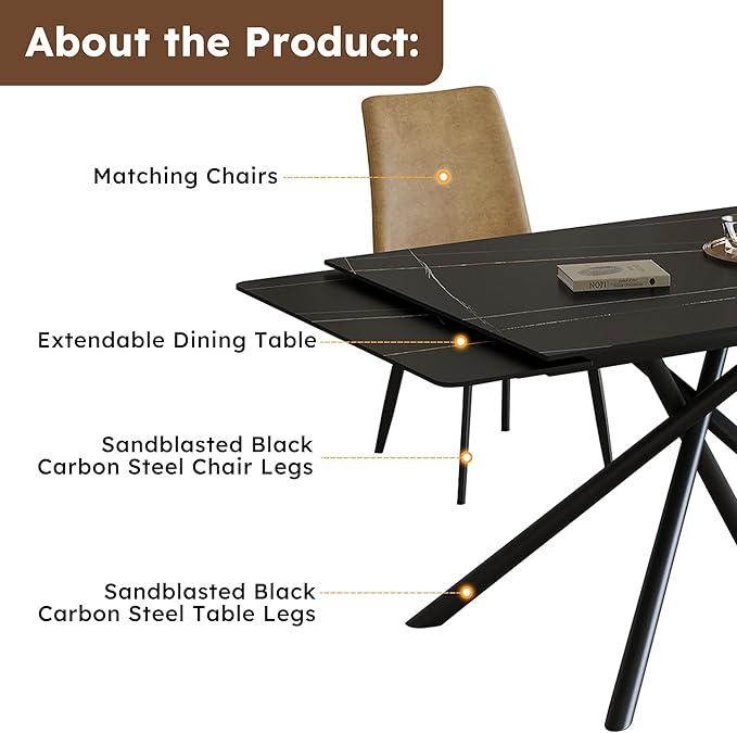 Runboll Extendable Rectangular Dining Table Set for 4, 47"-71" Modern Sintered Stone Kitchen Table with 4 Chairs and Carbon Steel Legs for Dining Room Family Gathering