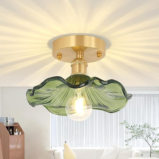 Shenmoyl Semi Flush Mount Light, Gold Hallway Vintage Fixture With Green Water Lily Glass, Bulb Included, 4.72" Base Modern Ceiling Light for Porch Kitchen Bedroom