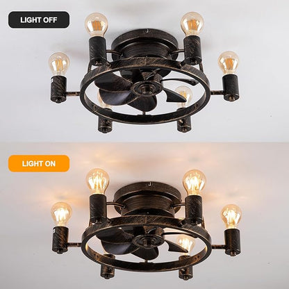 Garwarm Ceiling Fans with Lights and Remote, 20 Inch Low Profile Flush Mount Ceiling Fan with Light, Farmhouse Rustic Industrial Fan Lights Ceiling Fixtures for Bedroom,Kitchen(6 Speed,Timing)-Bronze