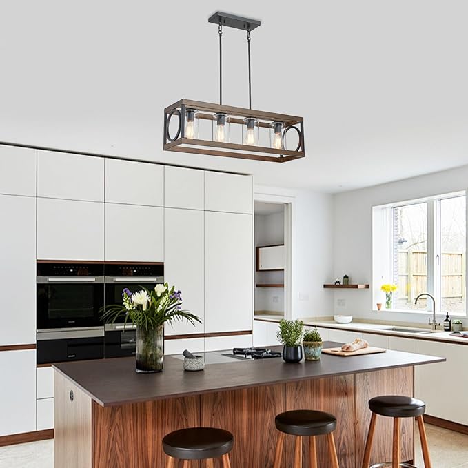 XINGQI 31.5" Industrial Rectangle Chandeliers for Kitchen Island Modern Farmhouse Vintage Linear Hanging 4-Light Fixture for Dining Room Living Room Office Black Wood Grain Finish with Glass Lampshade