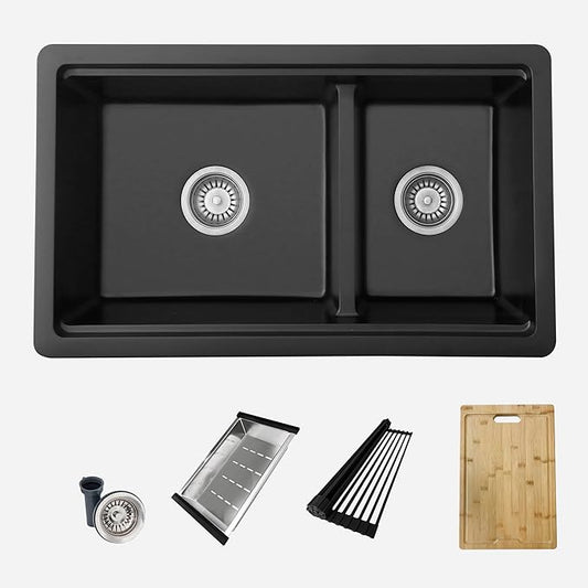 Stylish 30 x 18 Inch Composite Granite Workstation Kitchen Sink, 60/40 Double Bowl Under Mount & Drop in, 9.5 in Deep, Reversible, with Cutting Board, Colander, Colander & Strainer, Black, S-831WN