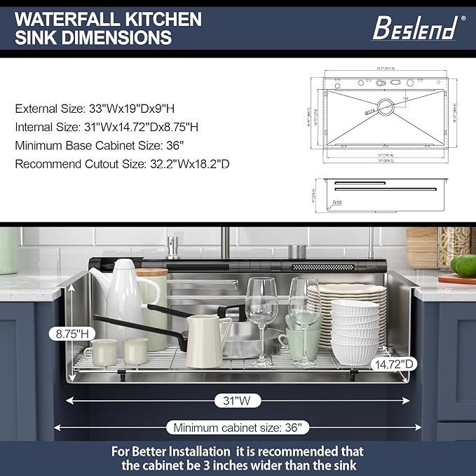 33 Inch Smart Waterfall Kitchen Sink - Beslend 33x19 Stainless Steel Drop In Waterfall Sink Topmount Workstation 16 Gauge Modern Sinks Single Bowl with Faucet, Cup Washer and Digital Display