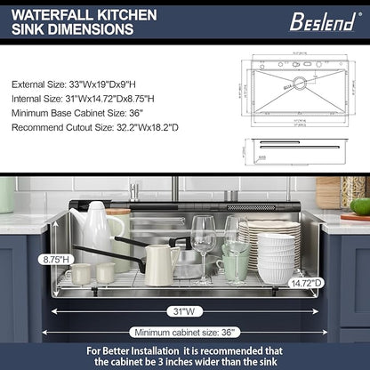 33 Inch Smart Waterfall Kitchen Sink - Beslend 33x19 Stainless Steel Drop In Waterfall Sink Topmount Workstation 16 Gauge Modern Sinks Single Bowl with Faucet, Cup Washer and Digital Display