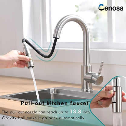 Modern Bar Sink Faucet for Kitchen Sink Single Handle with Pull Out Sprayer Hot and Cold Brushed Nickel CENOSA