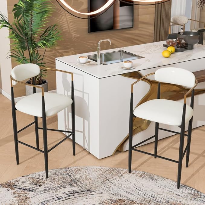 Upholstered Bar Stools with Back for Kitchen Island and Home Bar, 29.75 Inch Seat Height with Water-Resistant PU Leather and Iron Frame
