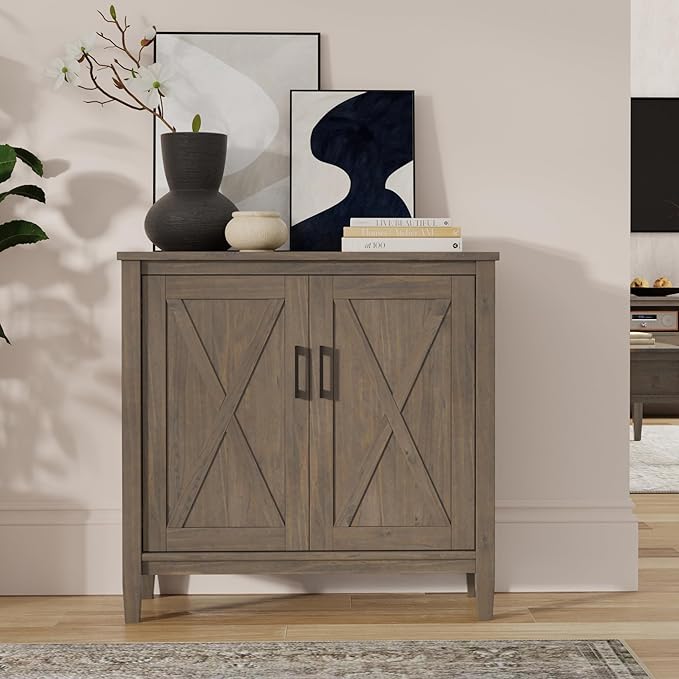 SIMPLIHOME Ela Storage Cabinet - 32 inch Wide Solid Wood 2-Shelf Low Storage Cabinet in Smoky Brown, Transitional Accent Cabinet for Entryway or Living Room with Shaker Style Doors and Shelves
