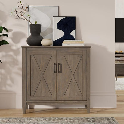 SIMPLIHOME Ela Storage Cabinet - 32 inch Wide Solid Wood 2-Shelf Low Storage Cabinet in Smoky Brown, Transitional Accent Cabinet for Entryway or Living Room with Shaker Style Doors and Shelves