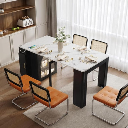 Extendable Drop Leaf Dining Table with Storage, Kitchen Island Cart with Outlet, Rolling Bar Table with Drawers and Glass Door Cabinet for Small Kitchen