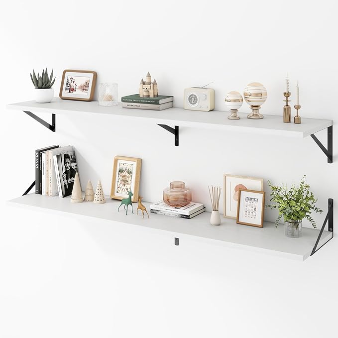 Acovy Deep Floating Shelves Wall Mounted, 55"x12" White Wall Shelves with Brackets Set of 2 for Bedroom, Living Room, Bathroom, Kitchen, Office - Storage & Display Shelf for Decor, Books, Plants