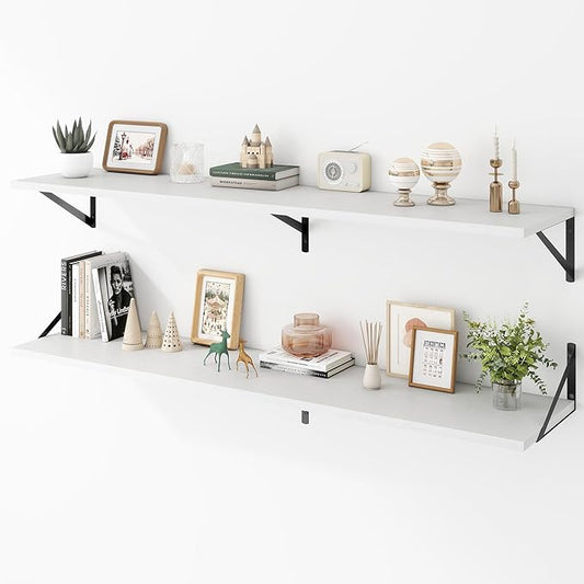 Acovy Deep Floating Shelves Wall Mounted, 55"x12" White Wall Shelves with Brackets Set of 2 for Bedroom, Living Room, Bathroom, Kitchen, Office - Storage & Display Shelf for Decor, Books, Plants