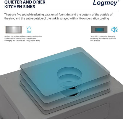 Logmey 33x21 Double Bowl Kitchen Sink 60/40 Farmhouse Sink 16 Gauge Stainless Steel Apron Front Farmer Kitchen Sinks Ledge Workstation Low Divide Double Basin Farm Sink 33x21x9
