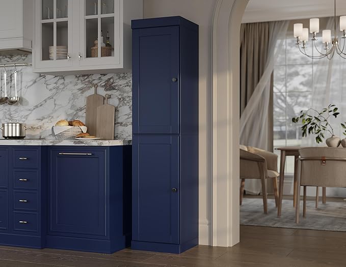 Palace Imports Solid Wood Kitchen Pantry - Narrow Storage Cabinet - Shaker Doors, Adjustable Shelves, Navy Blue, 16.5" Wide x 71.5" Tall, 100% Eco-Friendly Wood, Modular Pantry Cabinet Systems