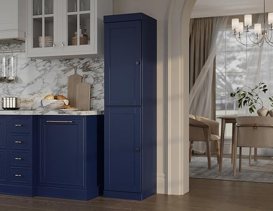 Palace Imports Solid Wood Kitchen Pantry - Narrow Storage Cabinet - Shaker Doors, Adjustable Shelves, Navy Blue, 16.5" Wide x 71.5" Tall, 100% Eco-Friendly Wood, Modular Pantry Cabinet Systems
