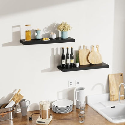 Bellsal 2-Pack Black Modern Floating Shelves, 24" Wall Mounted, Set of 2 Wooden Wall Shelf for Kitchen, Living Room, Bedroom, Bathroom Storage