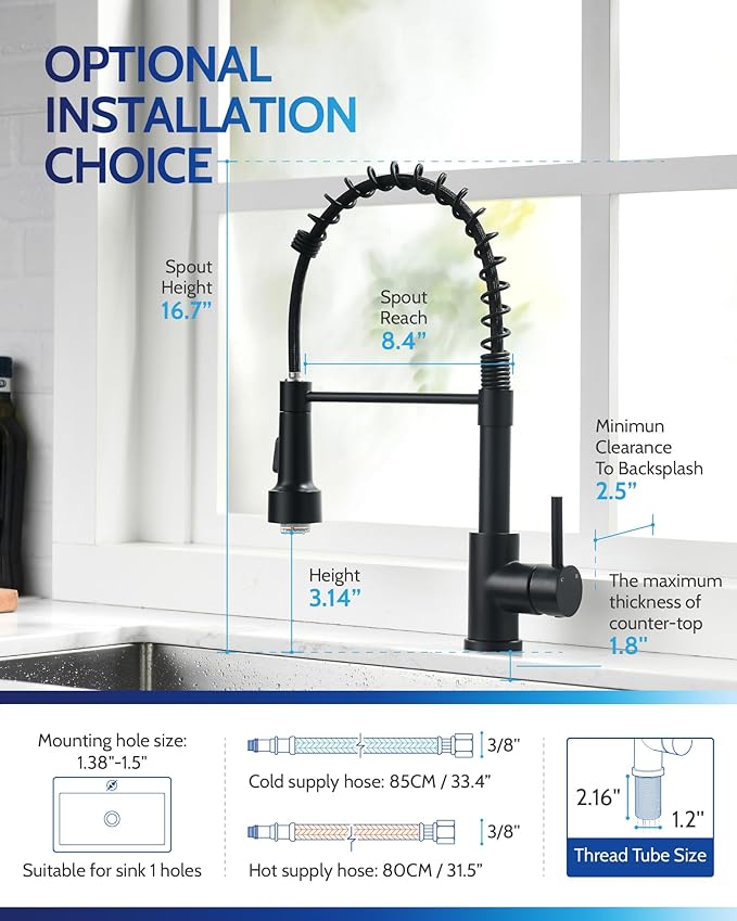LUFEIDRA Black Kitchen Faucet with Sprayer LED Light, High Arc Spring 304 Stainless Steel Single Handle LED Faucets, Kitchen Sink Faucet for Bar Sink Rv, Matte Black