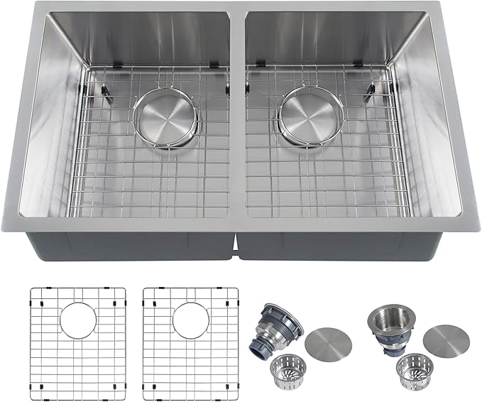 Kitsitchen 31 Inch Double Bowl Undermount Kitchen Sink,16 Gauge T-304S Stainless Steel Kitchen Sink with Drain Strainers & Grids,31" x 18" x 9" Large and Deep Kitchen Sinks,50/50 Design