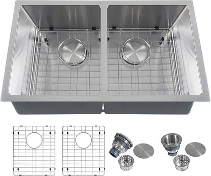 Kitsitchen 31 Inch Double Bowl Undermount Kitchen Sink,16 Gauge T-304S Stainless Steel Kitchen Sink with Drain Strainers & Grids,31" x 18" x 9" Large and Deep Kitchen Sinks,50/50 Design