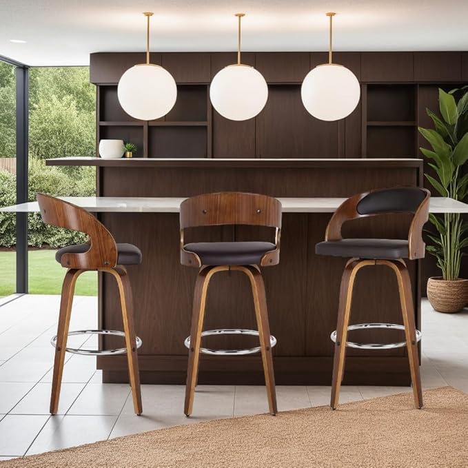 Armen Living Shelly 30" Bar Height Swivel Brown Faux Leather and Walnut Wood Bar Stool - Set of 3