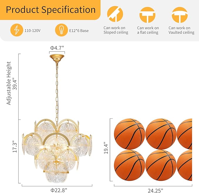 WUZUPS 6-Light Round Crystal Chandelier Pendant Ceiling Light Modern Lighting Fixture for Bedroom Hallway Bar Kitchen Bathroom, H 17.3" W 22.8", E12 Base, Gold