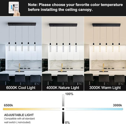 5 Black Pendant Lights Kitchen Island Modern with Adjustable Height - Clear Cylinder Island Lights, 3000-6000K Dimmable Kitchen Pendant Lighting for, Dining Room, Bar Counter