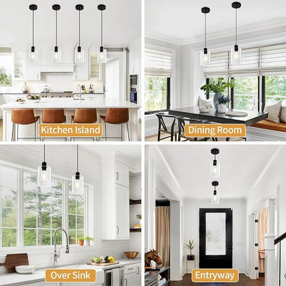 2 Pack Black Pendant Lights Kitchen Island, Modern Glass Pendant Lighting Over Island Kitchen Hanging Bathroom Ceiling Light Fixtures Adjustable Pendant Lights for Dining Room Hallway Bedroom