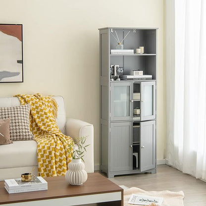 Tangkula Tall Bathroom Storage Cabinet, Freestanding Floor Cabinet w/2 Glass Doors & 2 Open Shelves, 3-Position Adjustable Shelves, Anti-toppling Design, 64” Tall Pantry Cupboard for Kitchen
