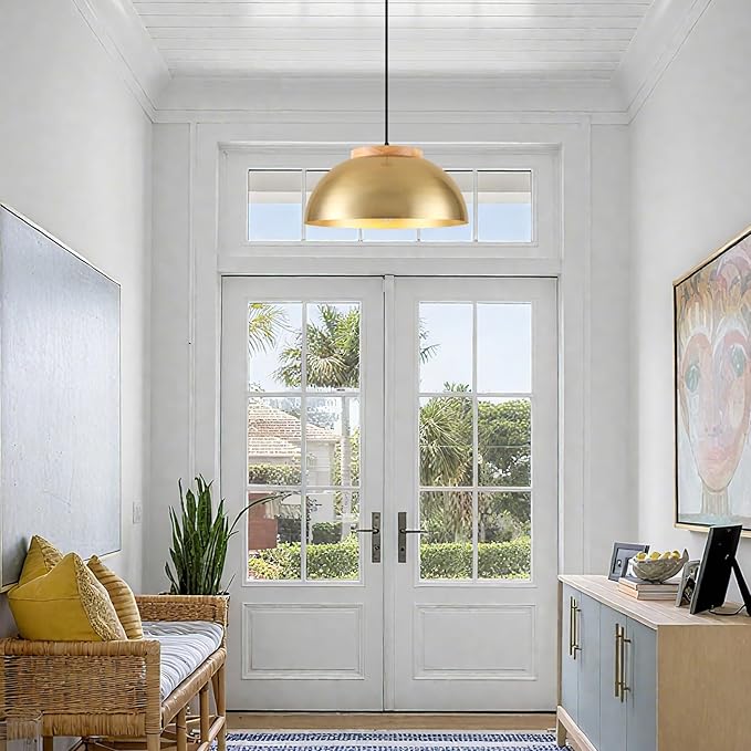 Large Pendant Lights, Gold Pendant Lights for Kitchen Island, Farmhouse Pendant Light Fixtures with Wooden Holder, 16" Adjustable Lighting Fixtures for Dining Room, Living Room, Entryway, 2 Pack